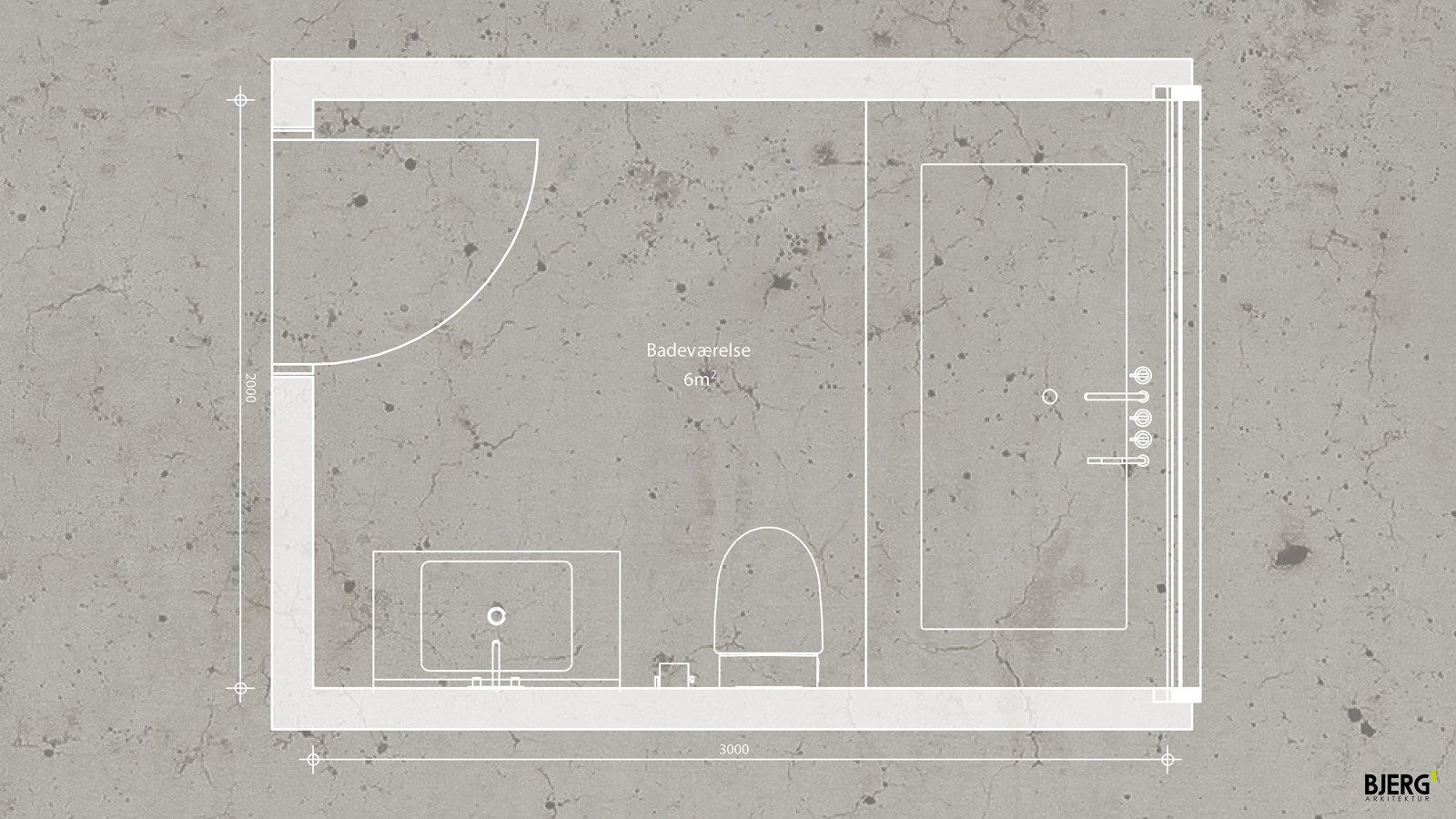 Planimetria del bagno di 6 metri quadri progettato da Bjerg Arkitektur (© Bjerg Arkitektur) Planimetria del bagno di 6 metri quadri progettato da Bjerg Arkitektur (© Bjerg Arkitektur)