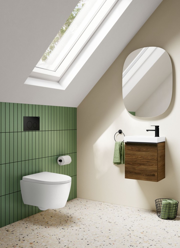 Piccolo bagno ospiti Geberit iCon con mobili in legno
