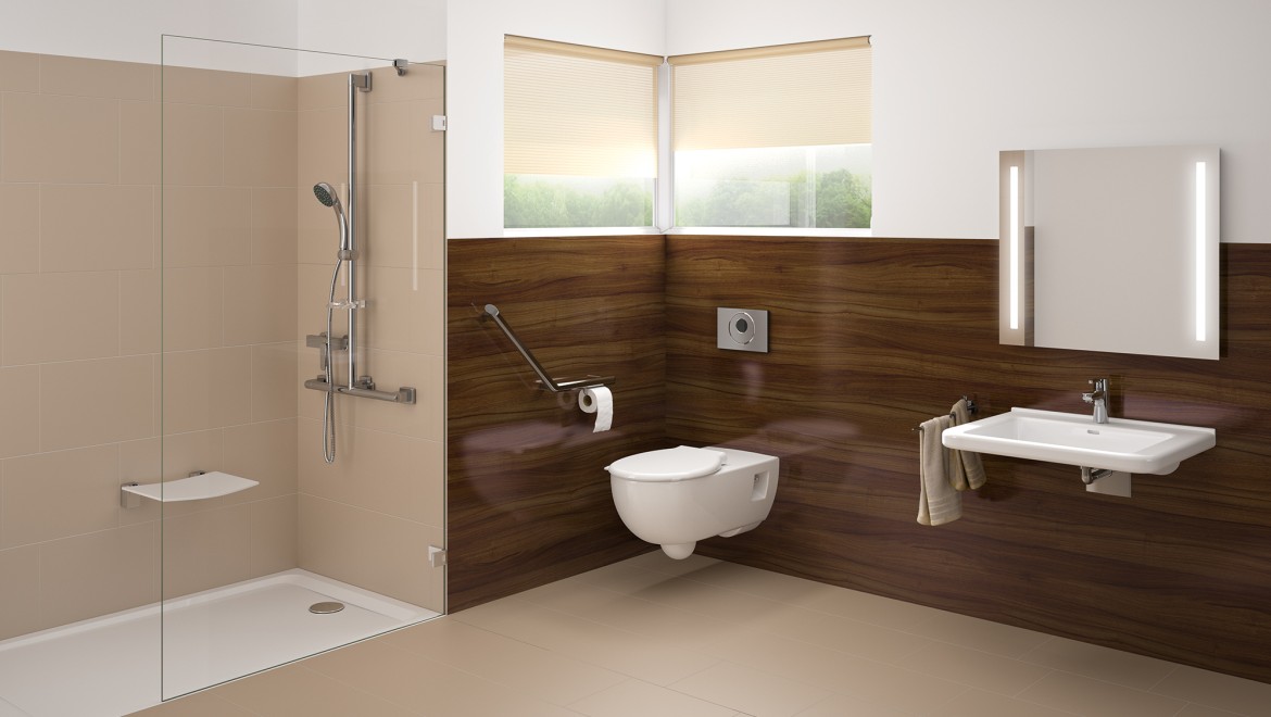 Bagno privo di barriere architettoniche con lavabo, WC e doccia a filo pavimento Bagno privo di barriere architettoniche con lavabo, WC e doccia a filo pavimento
