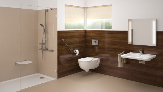 Bagno senza barriere architettoniche con lavabo, WC e doccia a filo pavimento