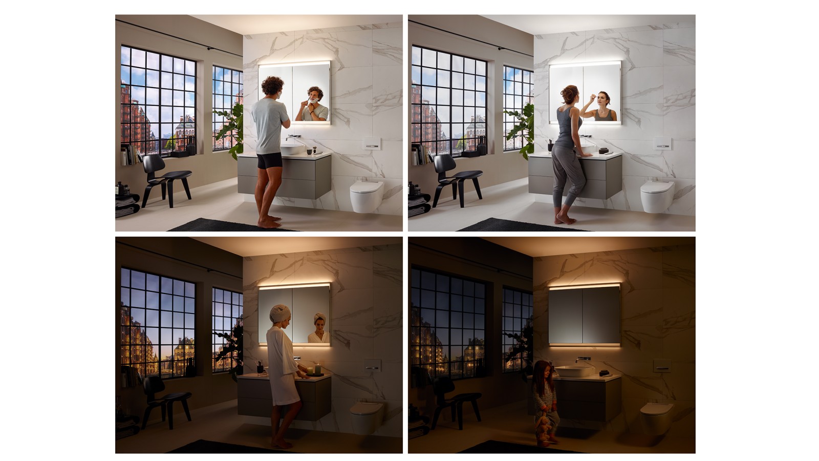 Diverse atmosfere luminose in bagno con il concetto di illuminazione Geberit ComfortLight (© Geberit) Diverse atmosfere luminose in bagno con il concetto di illuminazione Geberit ComfortLight (© Geberit)