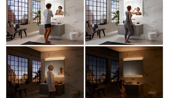 Diverse atmosfere luminose in bagno con il concetto di illuminazione Geberit ComfortLight (© Geberit) Diverse atmosfere luminose in bagno con il concetto di illuminazione Geberit ComfortLight (© Geberit)