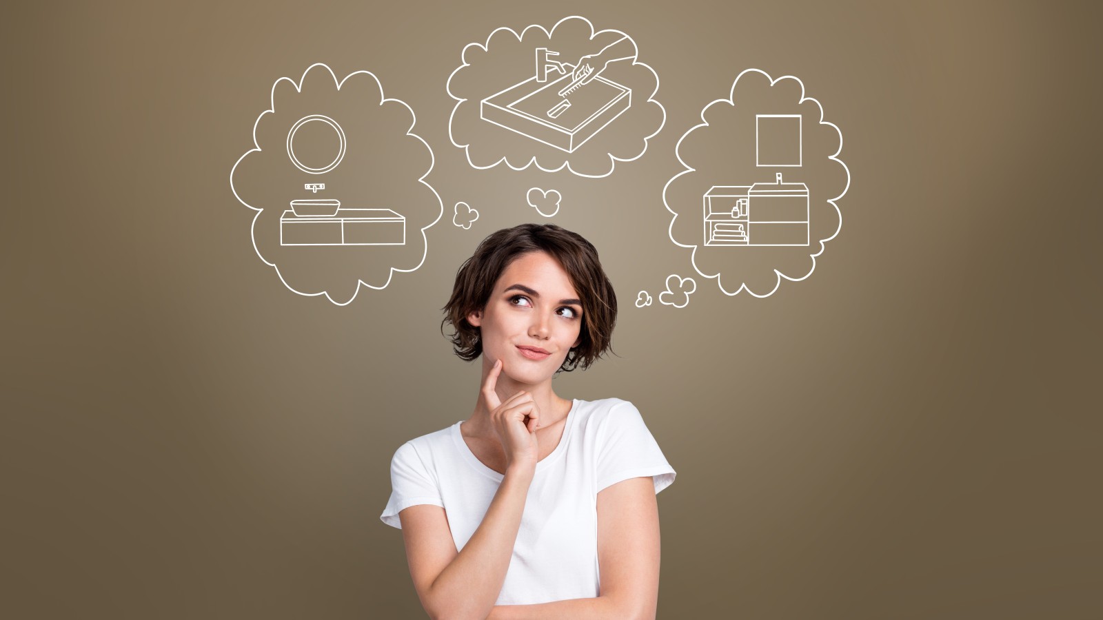 Donna che pensa all'area lavabo da sogno.