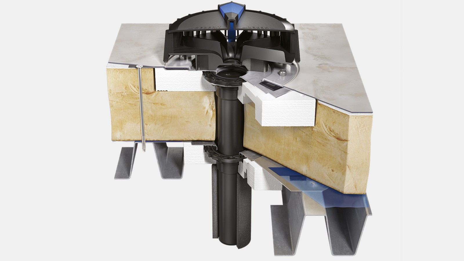 Imbuto per pluviali Geberit Pluvia per tetto isolato con collegamento alla barriera vapore e manto impermeabilizzante per tetti come falda acquifera