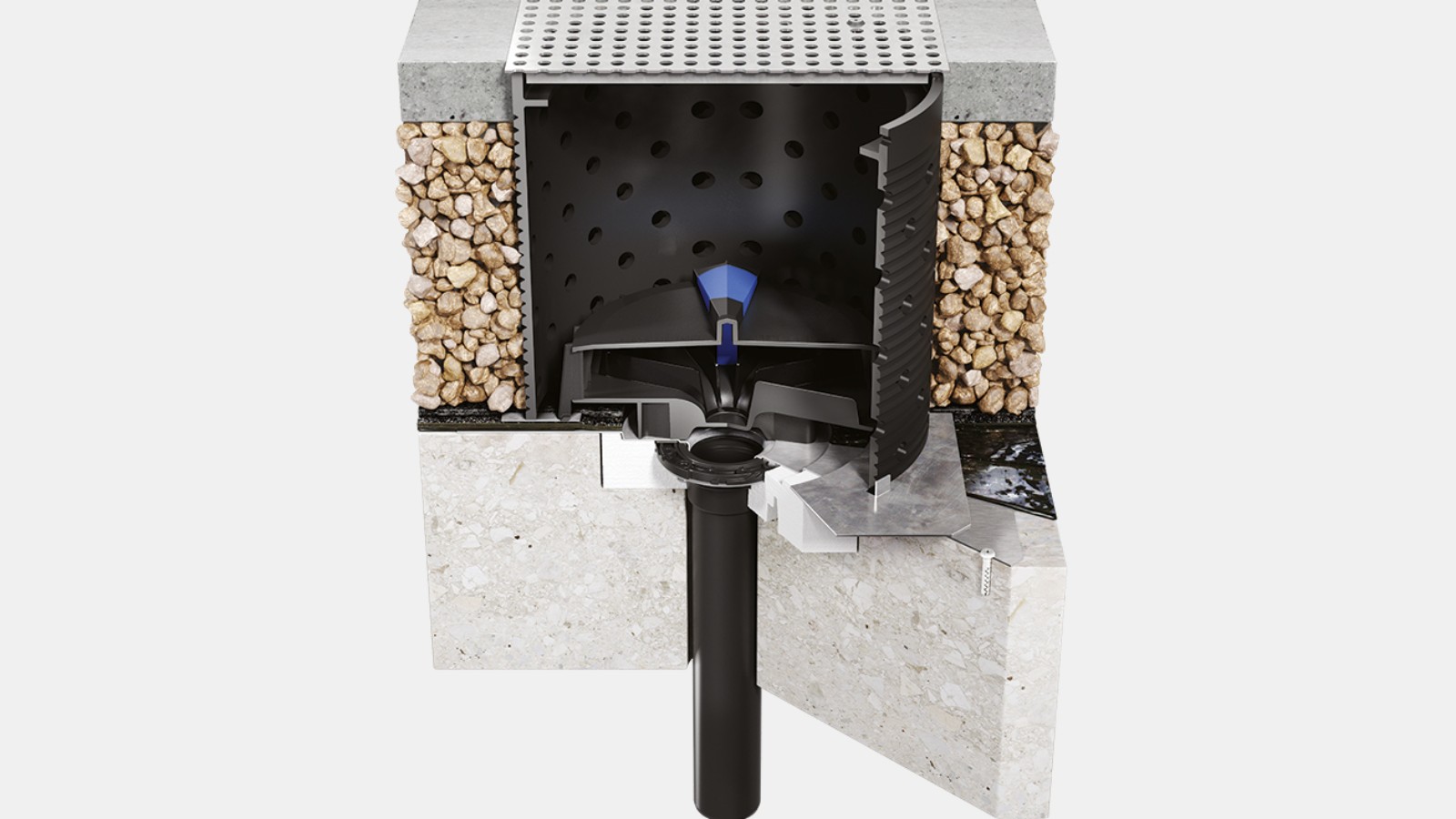 Imbuto per pluviali Geberit Pluvia installato con set “carrabile”