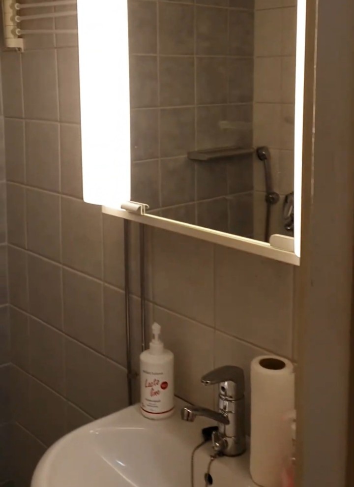 Prima: immagine del piccolo bagno con specchio contenitore e lavabo (© Meja Hynynen) Prima: immagine del piccolo bagno con specchio contenitore e lavabo (© Meja Hynynen)