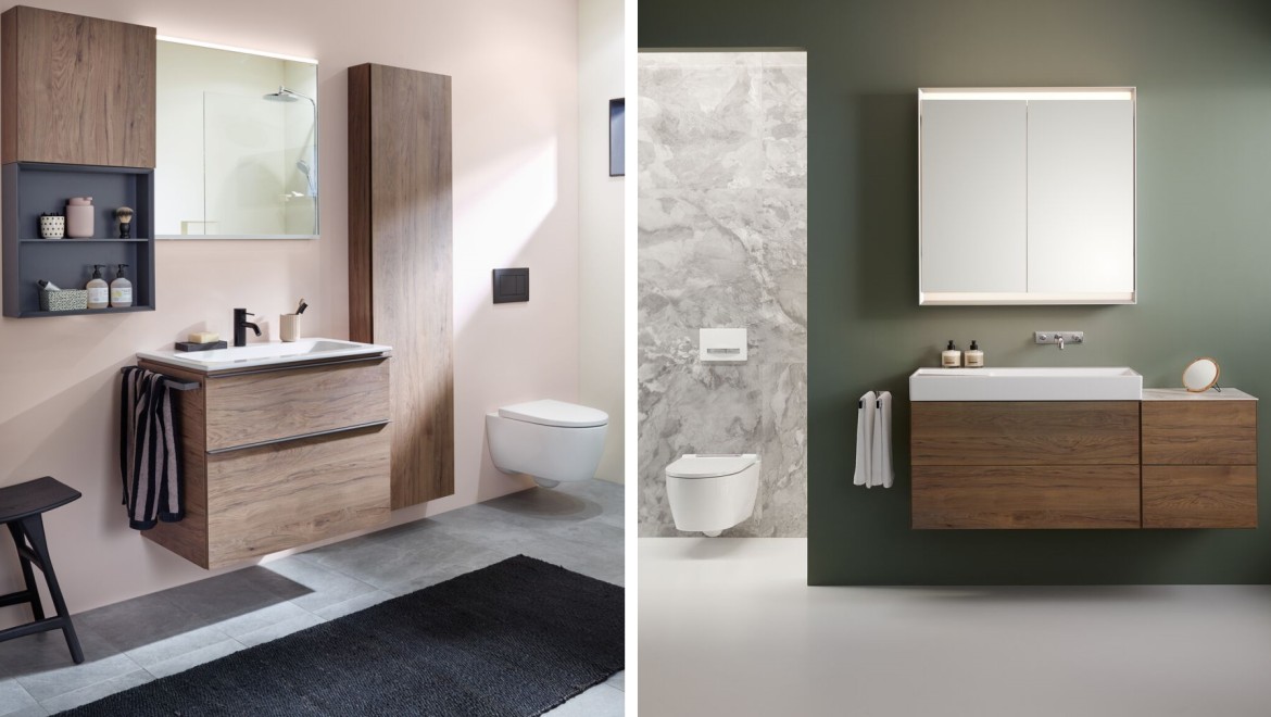 Due bagni Geberit con pareti di colore diverso in rosa e verde scuro Due bagni Geberit con pareti di colore diverso in rosa e verde scuro
