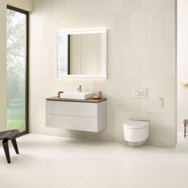 Bagno beige con mobile a specchio, mobile lavabo, placca di comando, ceramiche da bagno e accessori Geberit.