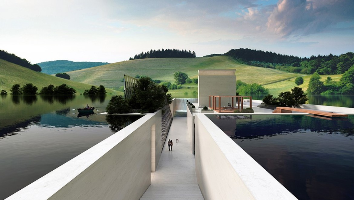 H.O.M.E. Haus 2022 dello studio di architettura Hadi Teherani su uno sfondo di verdi colline (© Bloomrealities/HTA für H.O.M.E. Haus 2022)