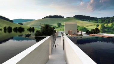 H.O.M.E. Haus 2022 dello studio di architettura Hadi Teherani su uno sfondo di verdi colline (©Bloomrealities/HTA per H.O.M.E. Haus 2022)