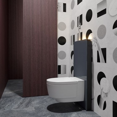Bagno degli ospiti con vaso bidet Geberit AquaClean Mera e modulo sanitario Monolith (©Bloomrealities/HTA per H.O.M.E. Haus 2022)