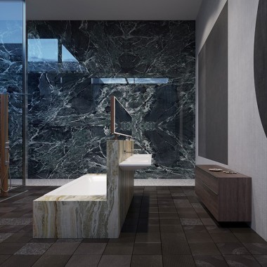 La vasca Geberit Tawa e i sanitari della serie bagno Geberit ONE garantiscono uniformità e coerenza nelle forme (©Bloomrealities/HTA per H.O.M.E. Haus 2022)
