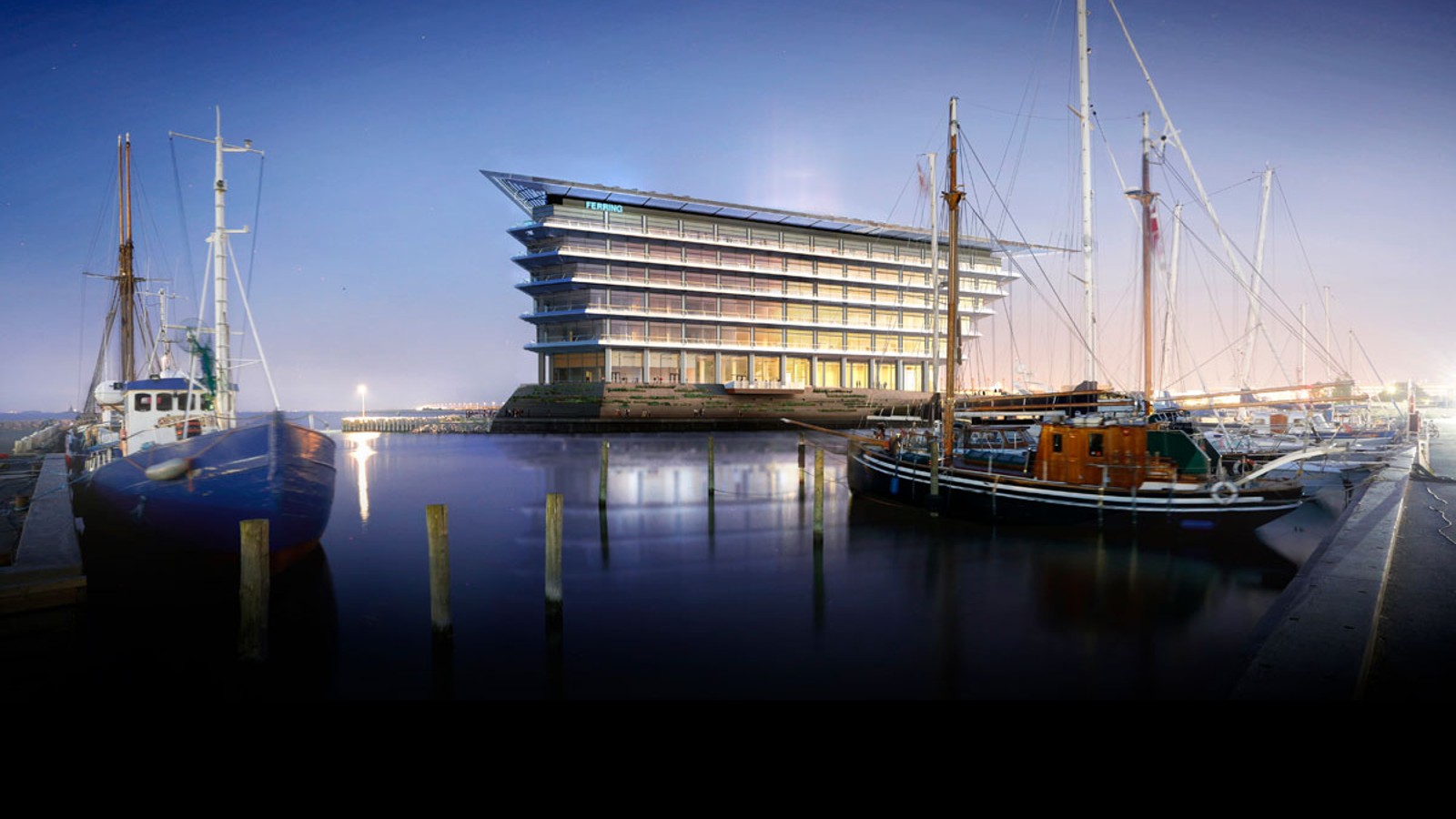 La splendida vista sul ponte di Öresund che collega Copenhagen e Malmö: la nuova sede di Ferring Pharmaceuticals. (©Foster&Partners) La splendida vista sul ponte di Öresund che collega Copenhagen e Malmö: la nuova sede di Ferring Pharmaceuticals. (©Foster&Partners)