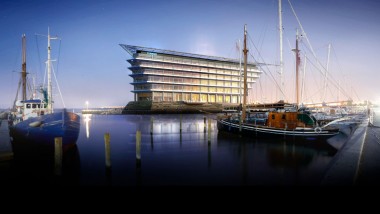 La splendida vista sul ponte di Öresund che collega Copenhagen e Malmö: la nuova sede di Ferring Pharmaceuticals. (©Foster&Partners)