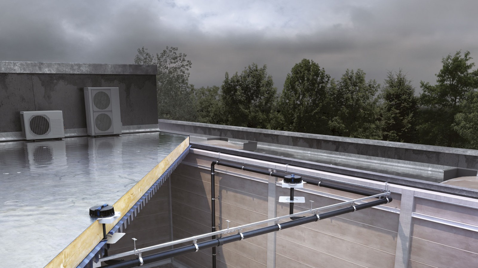 Il sistema di scarico Pluvia riesce a far defluire l’acqua piovana dalle tre torri con un numero relativamente limitato di imbuti di raccolta (© Geberit) Il sistema di scarico Pluvia riesce a far defluire l’acqua piovana dalle tre torri con un numero relativamente limitato di imbuti di raccolta (© Geberit)