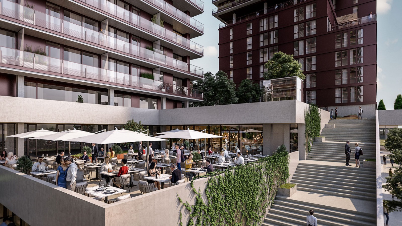 Terrazze a sbalzo e offerta gastronomica sono parte del progetto (© Soravia) Terrazze a sbalzo e offerta gastronomica sono parte del progetto (© Soravia)