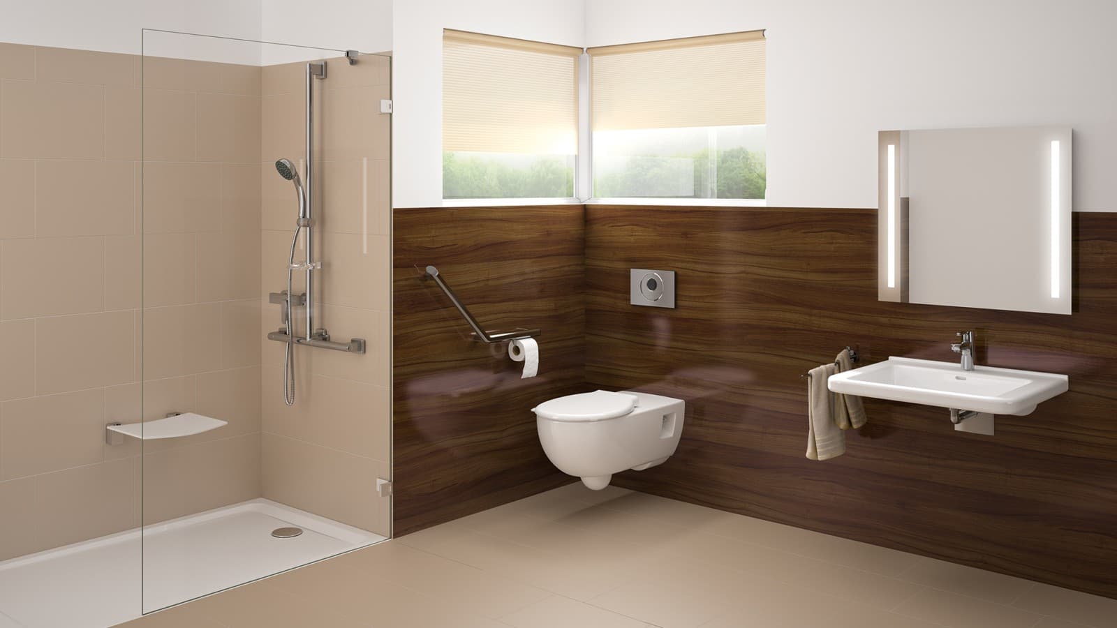 Bagno privo di barriere architettoniche con lavabo, WC e doccia a filo pavimento Bagno privo di barriere architettoniche con lavabo, WC e doccia a filo pavimento