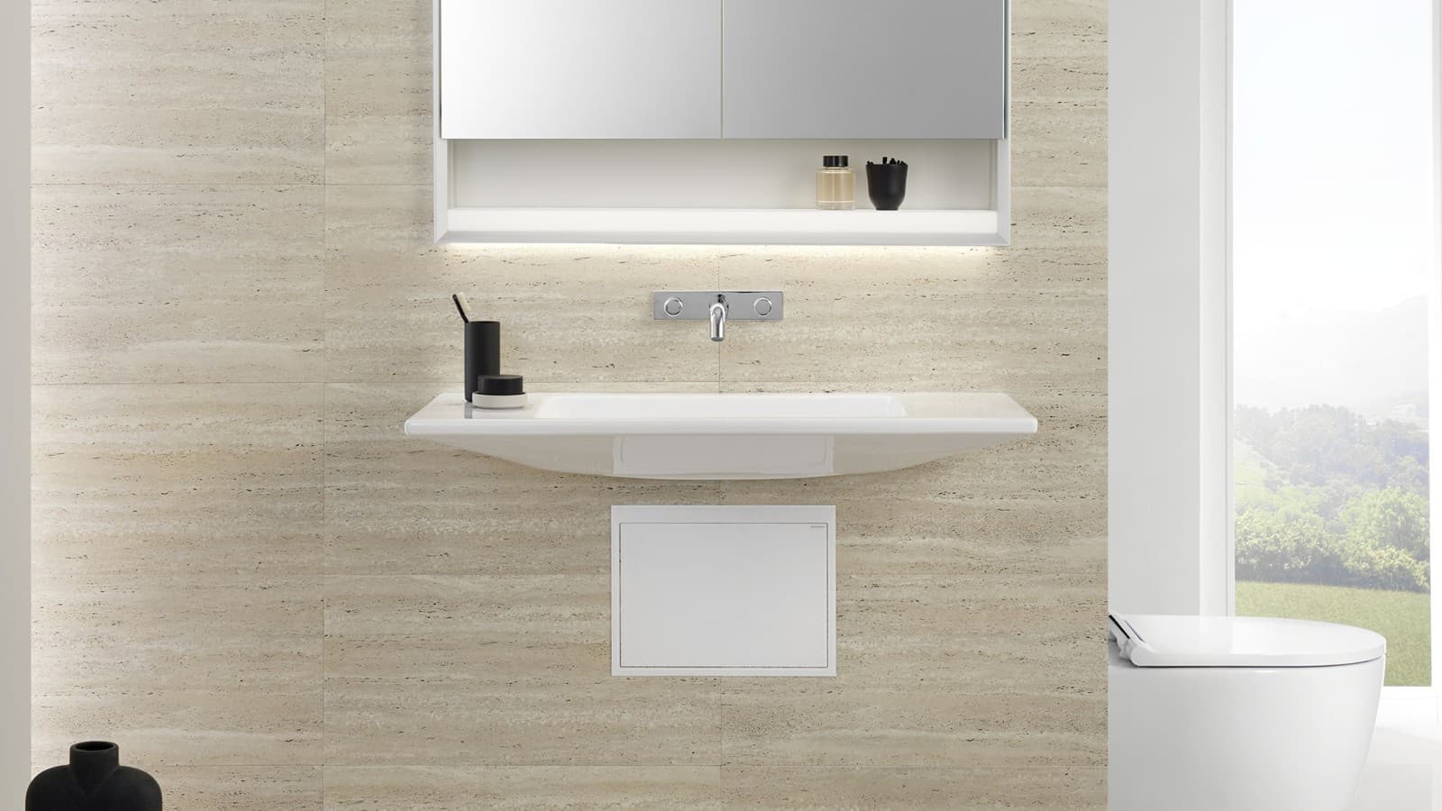 Lavabo Geberit ONE con sifone ad incasso nascosto per consentire più accesso Lavabo Geberit ONE con sifone ad incasso nascosto per consentire più accesso