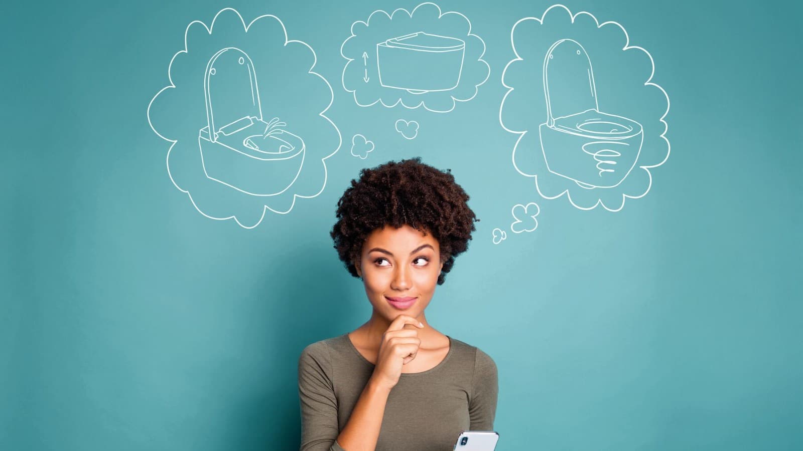 Donna che pensa alla toilette dei suoi sogni Donna che pensa alla toilette dei suoi sogni