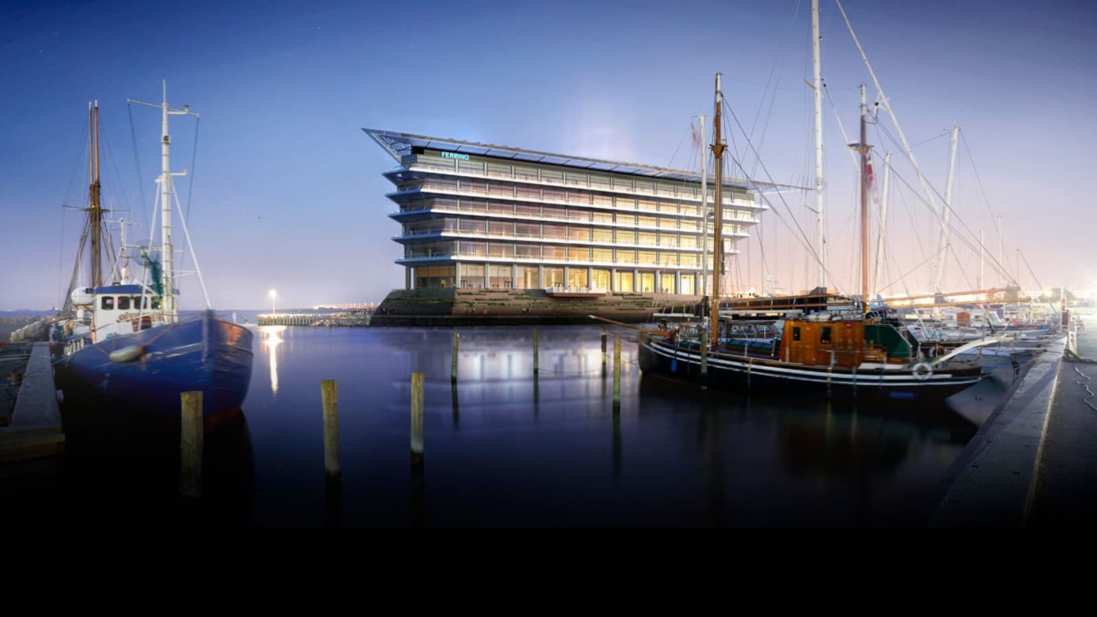 La splendida vista sul ponte di Öresund che collega Copenhagen e Malmö: la nuova sede di Ferring Pharmaceuticals. (©Foster&Partners) La splendida vista sul ponte di Öresund che collega Copenhagen e Malmö: la nuova sede di Ferring Pharmaceuticals. (©Foster&Partners)
